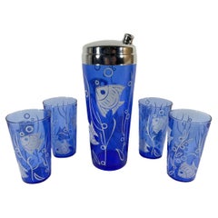 Art Deco Cobalt Cocktail Shaker and Glasses with Tropical Fish by Hazel-Atlas