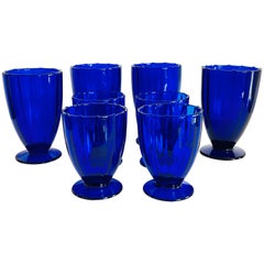 Antique Art Deco Cobalt Footed Glass Goblets, Set of 8