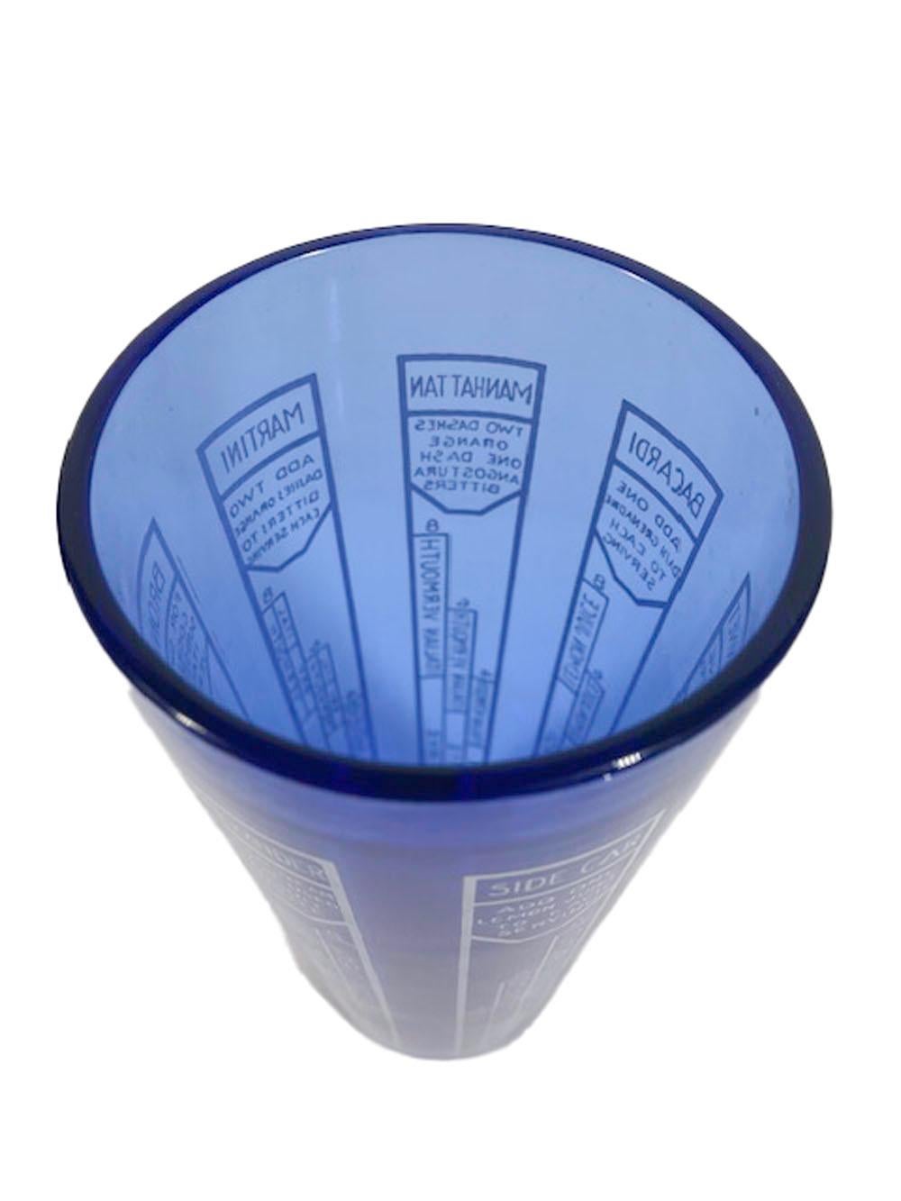 Cobalt blue glass, Art Deco period cocktail shaker with chrome lid and decorated in white with cocktail recipes.