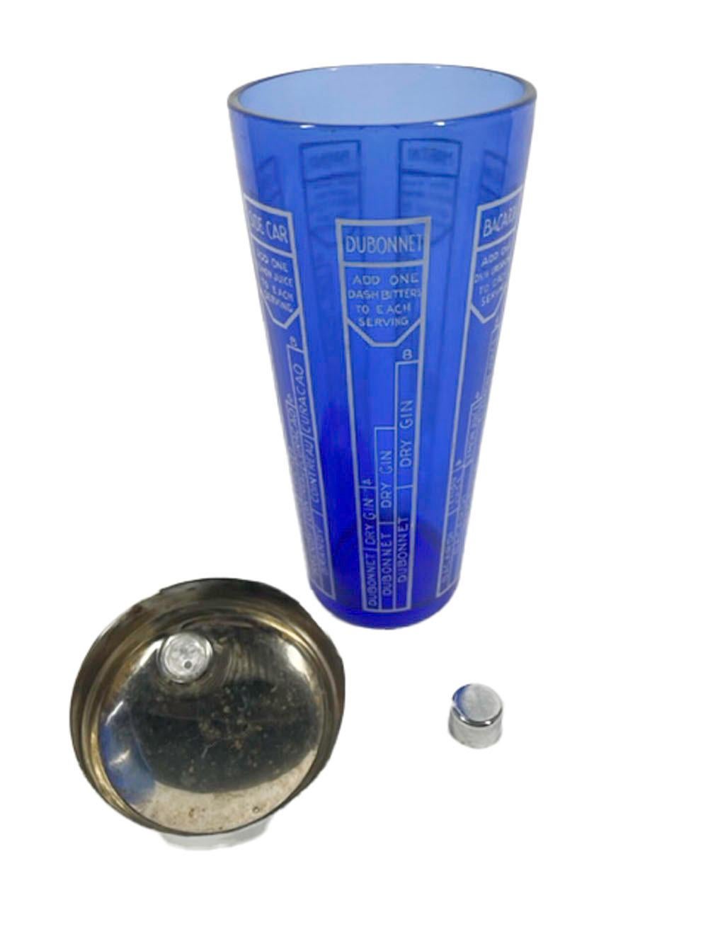 Art Deco Cobalt Glass Cocktail Shaker with Recipes in White Enamel In Good Condition In Nantucket, MA
