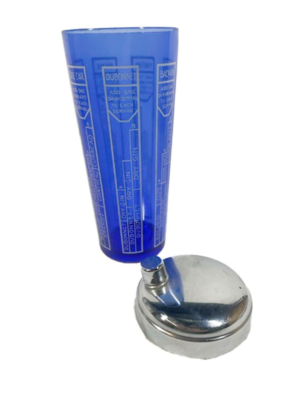 20th Century Art Deco Cobalt Glass Cocktail Shaker with Recipes in White Enamel