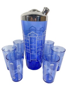 Art Deco, Cobalt Glass, Recipe Cocktail Shaker and Six Cocktail Glasses