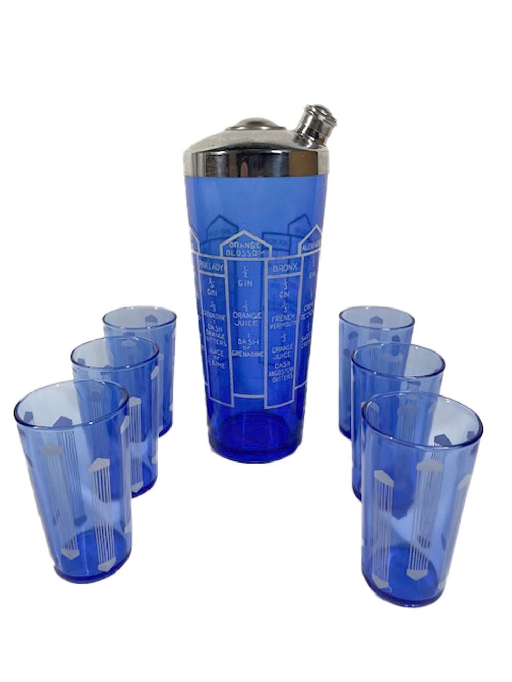 American Art Deco, Cobalt Glass, Recipe Cocktail Shaker and Six Cocktail Glasses For Sale