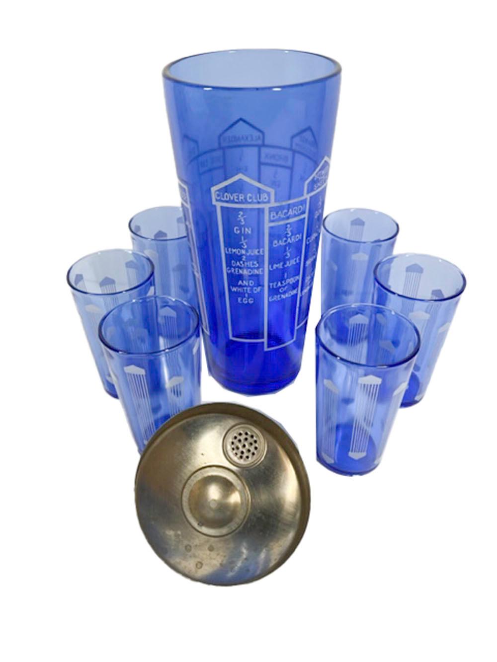 Art Deco, Cobalt Glass, Recipe Cocktail Shaker and Six Cocktail Glasses In Good Condition For Sale In Nantucket, MA