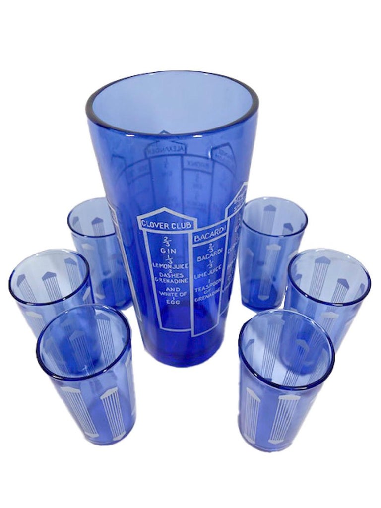 Art Deco, Cobalt Glass, Recipe Cocktail Shaker and Six Cocktail Glasses