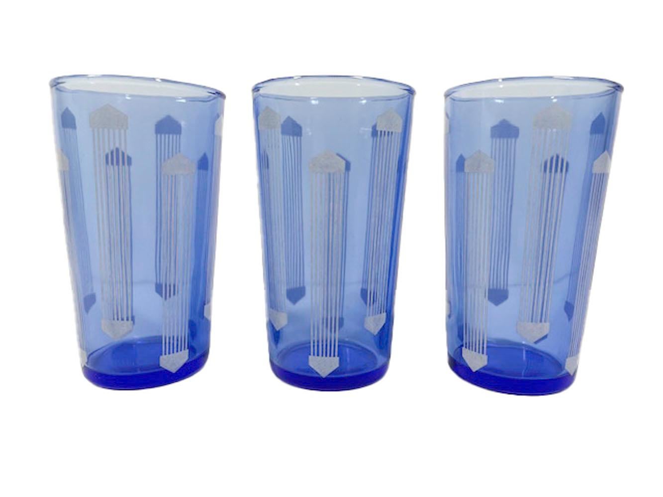 Art Deco, Cobalt Glass, Recipe Cocktail Shaker and Six Cocktail Glasses For Sale 2