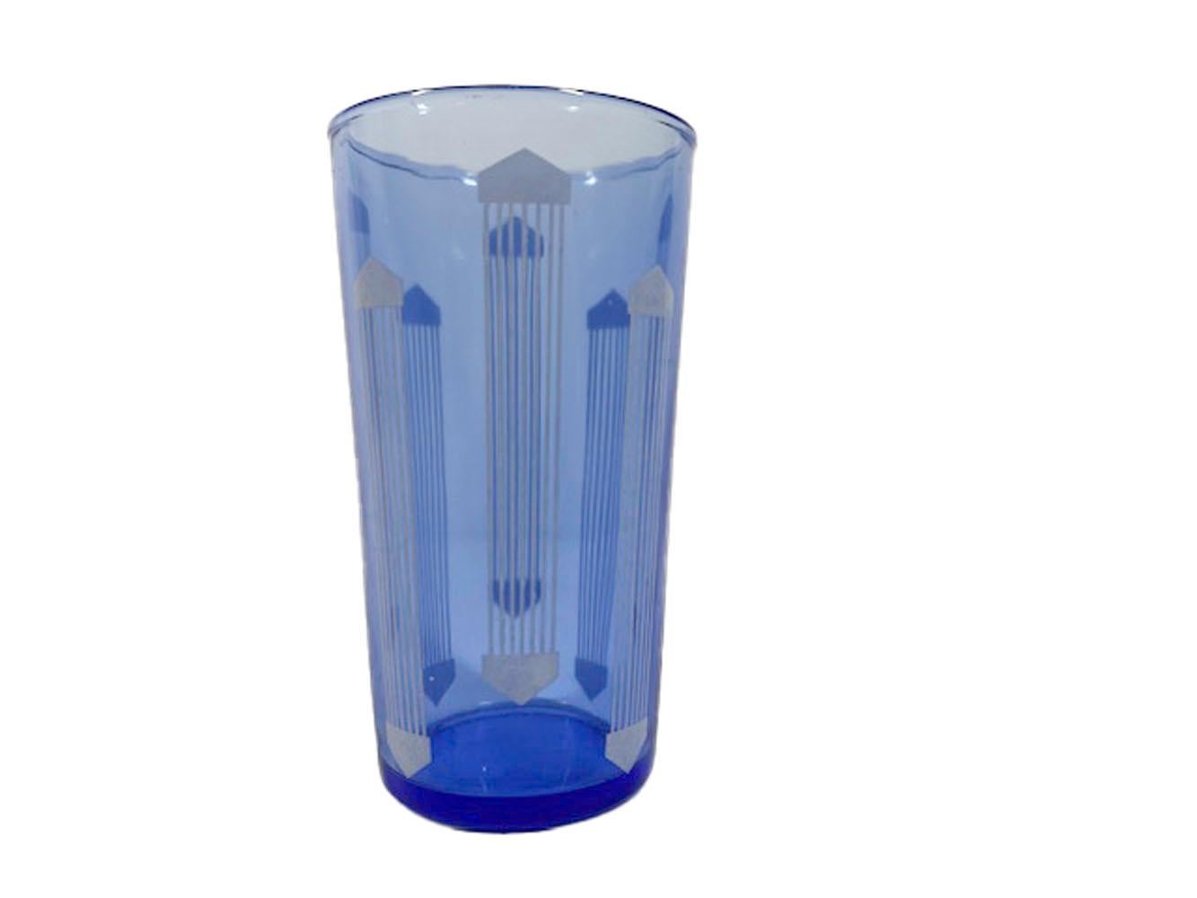 Art Deco, Cobalt Glass, Recipe Cocktail Shaker and Six Cocktail Glasses For Sale 4