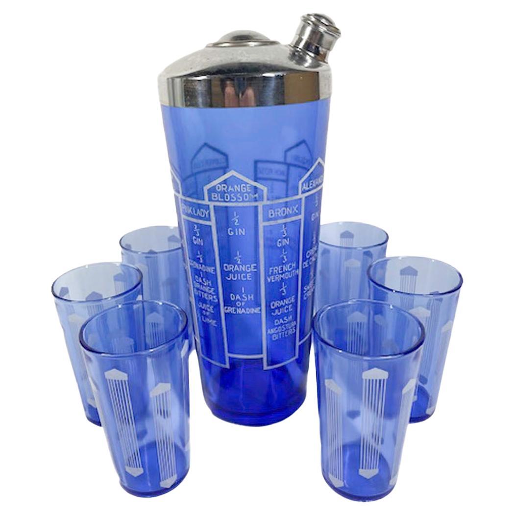 Art Deco, Cobalt Glass, Recipe Cocktail Shaker and Six Cocktail Glasses For Sale