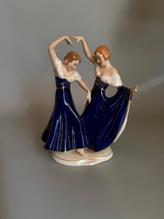 Art Deco Cobalt Porcelain Figurine Two Dancing Sisters Royal Dux Bohemian