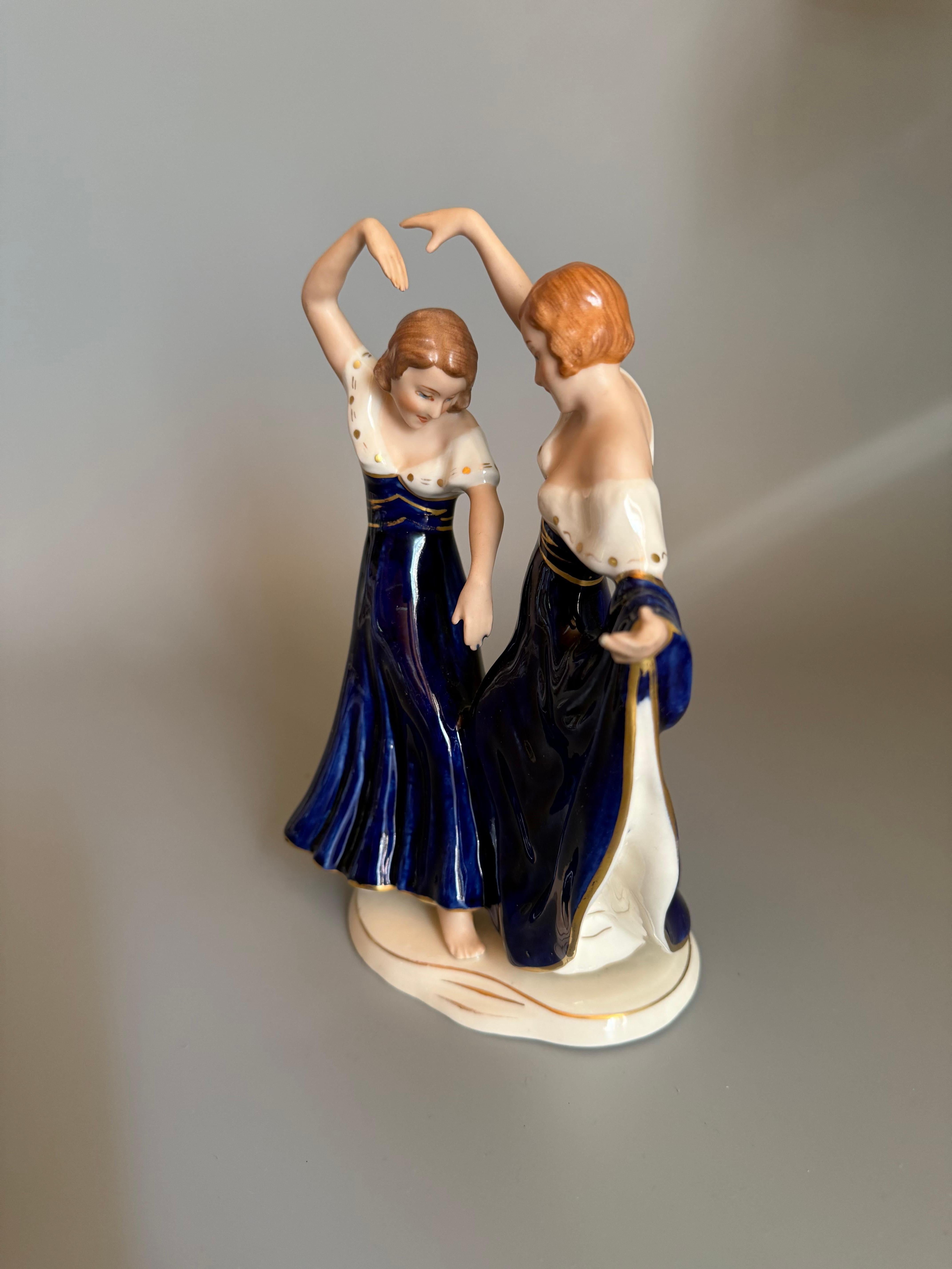 Hand-Painted Art Deco Cobalt Porcelain Figurine Two Dancing Sisters Royal Dux Bohemian For Sale