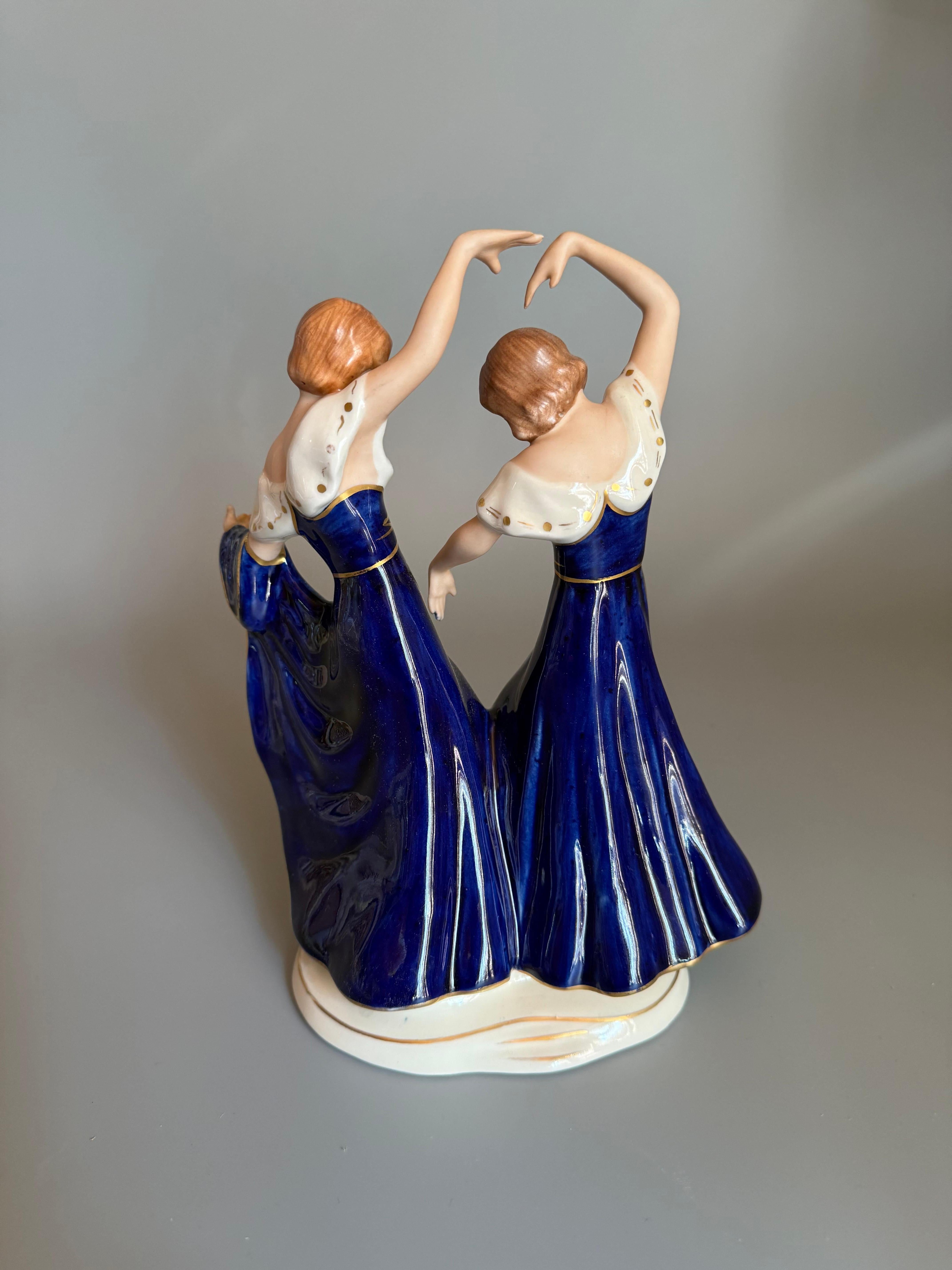 Mid-20th Century Art Deco Cobalt Porcelain Figurine Two Dancing Sisters Royal Dux Bohemian For Sale