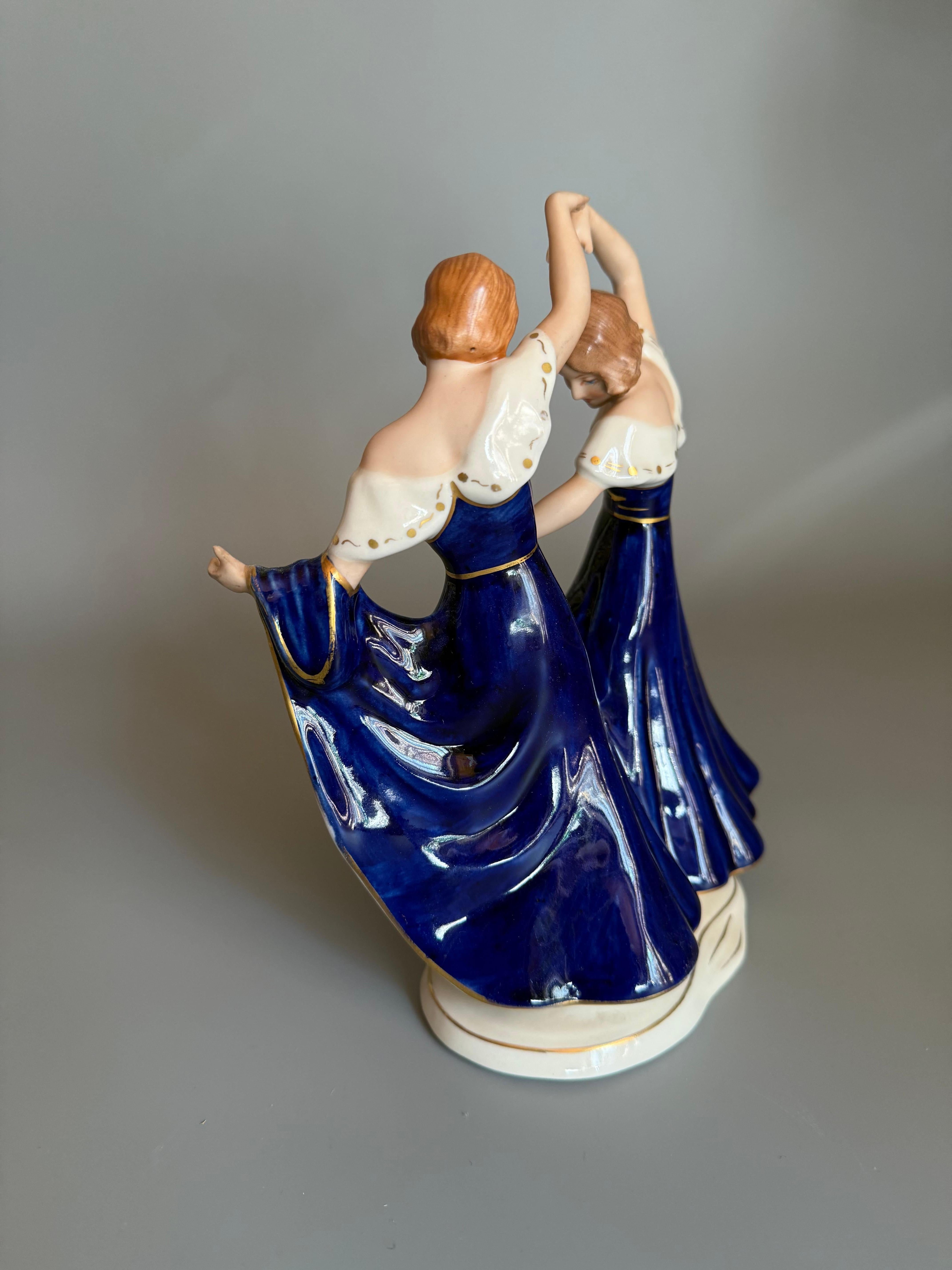 Art Deco Cobalt Porcelain Figurine Two Dancing Sisters Royal Dux Bohemian For Sale 1