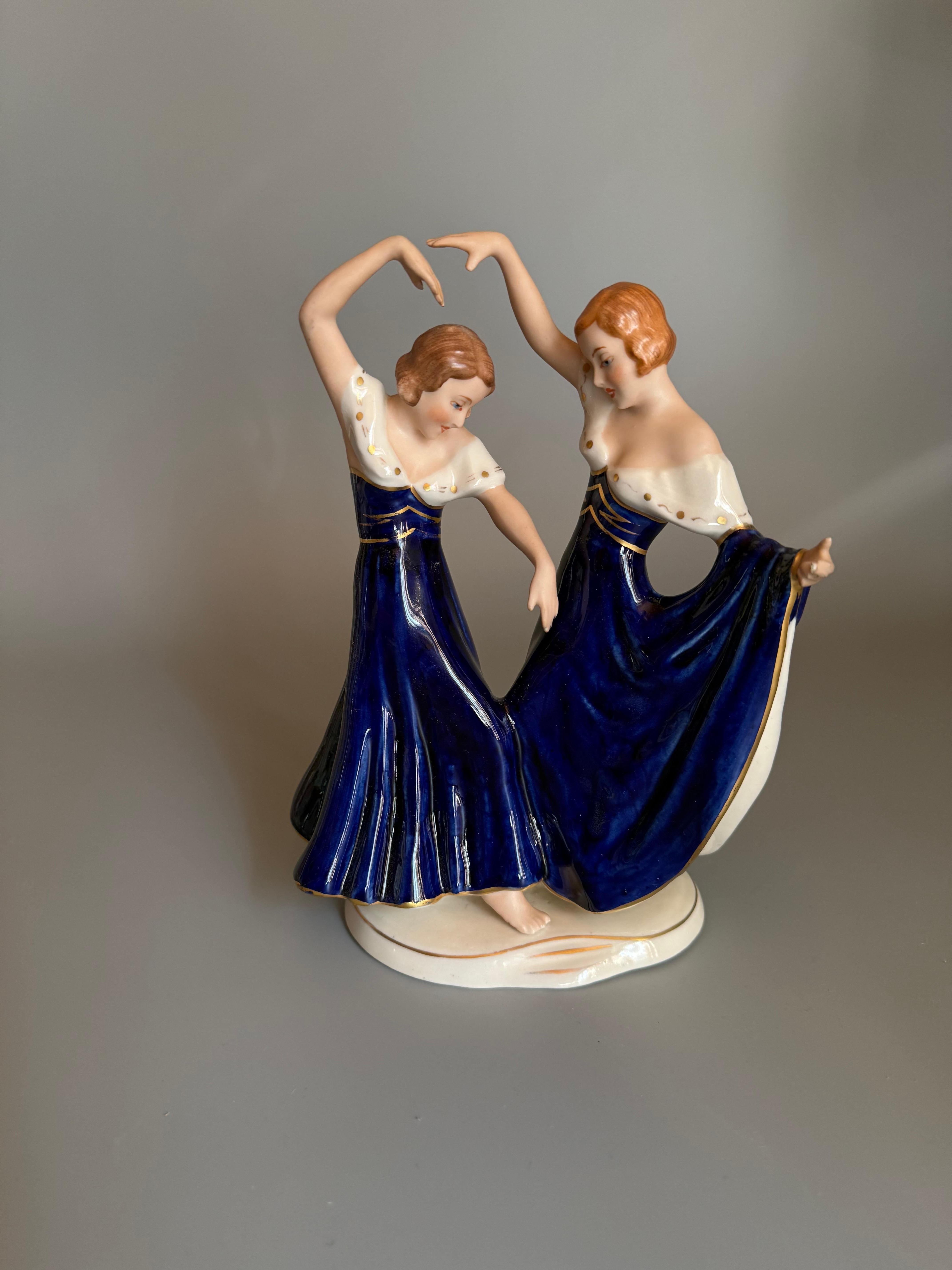 Art Deco Cobalt Porcelain Figurine Two Dancing Sisters Royal Dux Bohemian For Sale 2