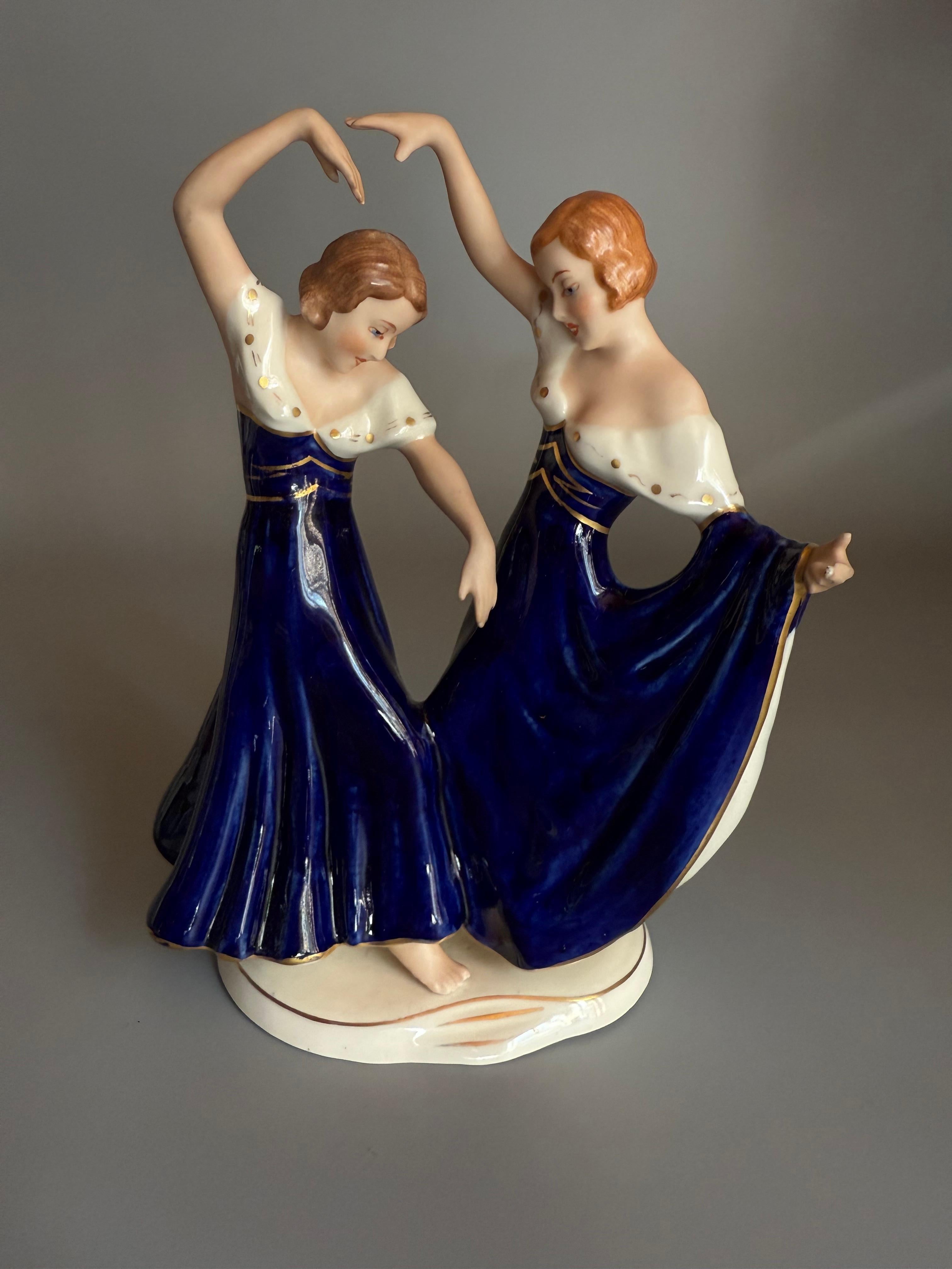 Art Deco Cobalt Porcelain Figurine Two Dancing Sisters Royal Dux Bohemian For Sale 4