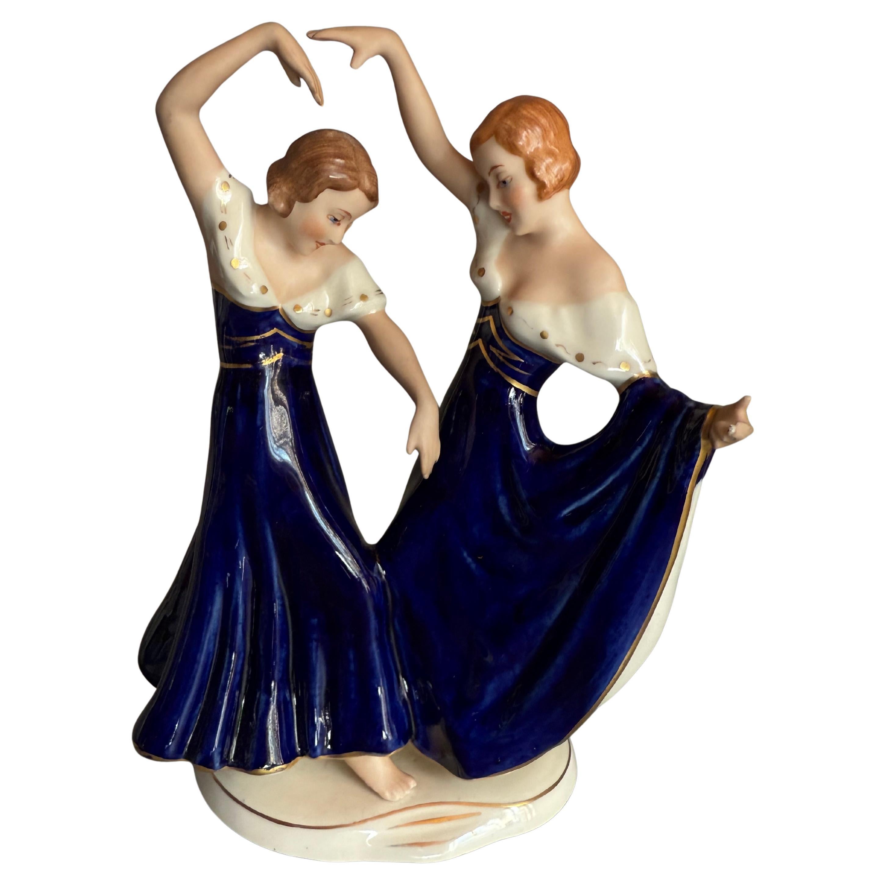 Art Deco Cobalt Porcelain Figurine Two Dancing Sisters Royal Dux Bohemian For Sale