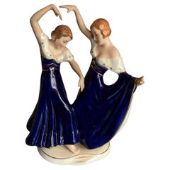 Art Deco Cobalt Porcelain Figurine Two Dancing Sisters Royal Dux Bohemian