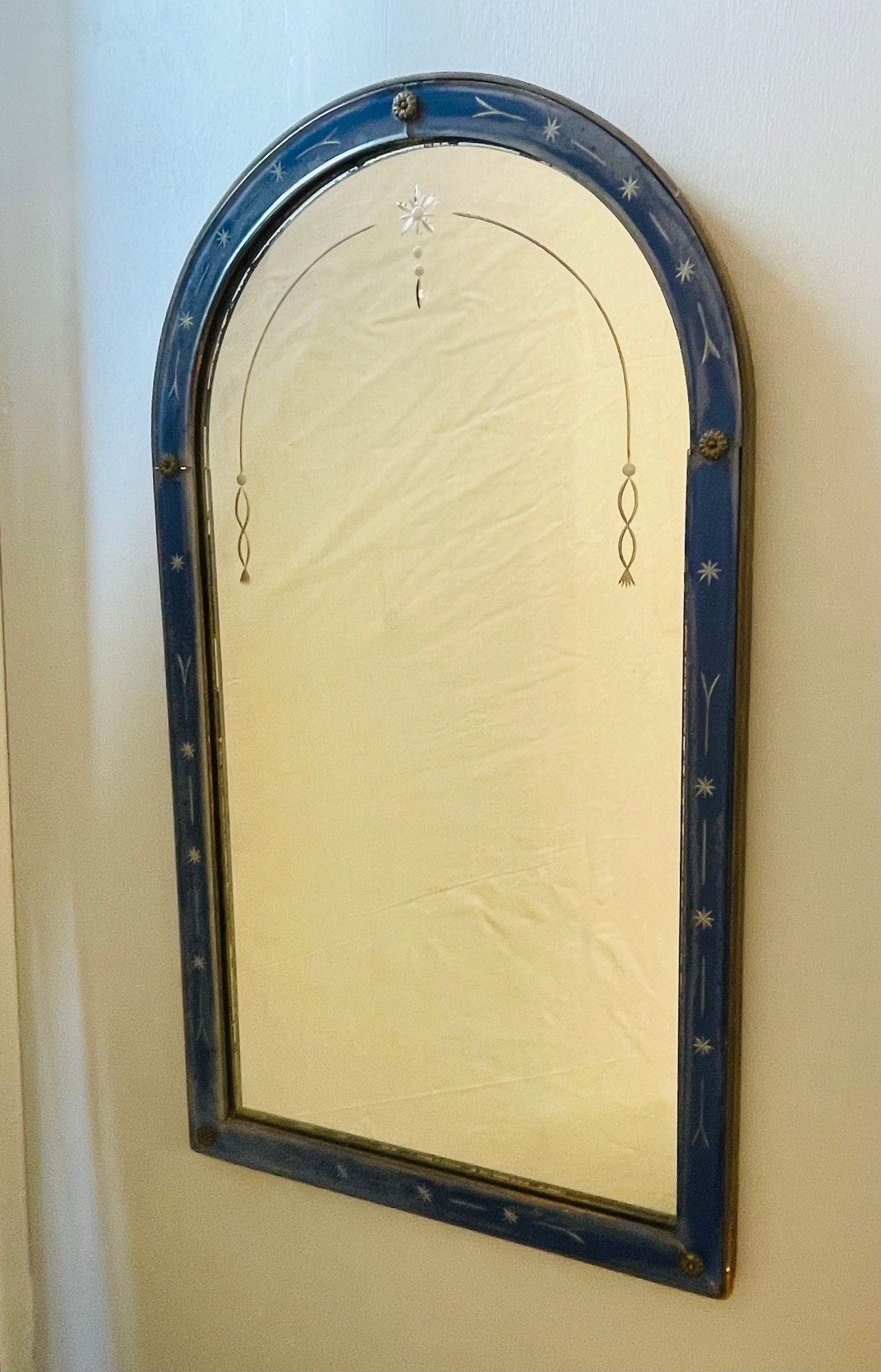 Small Art Deco cobalt wall / console / vanity etched glass mirror, 1940s.
 
An Art Deco cobalt blue wall, console or vanity mirror. Fine etched glass flanked by an etched glass cobalt blue frame. 1940s.