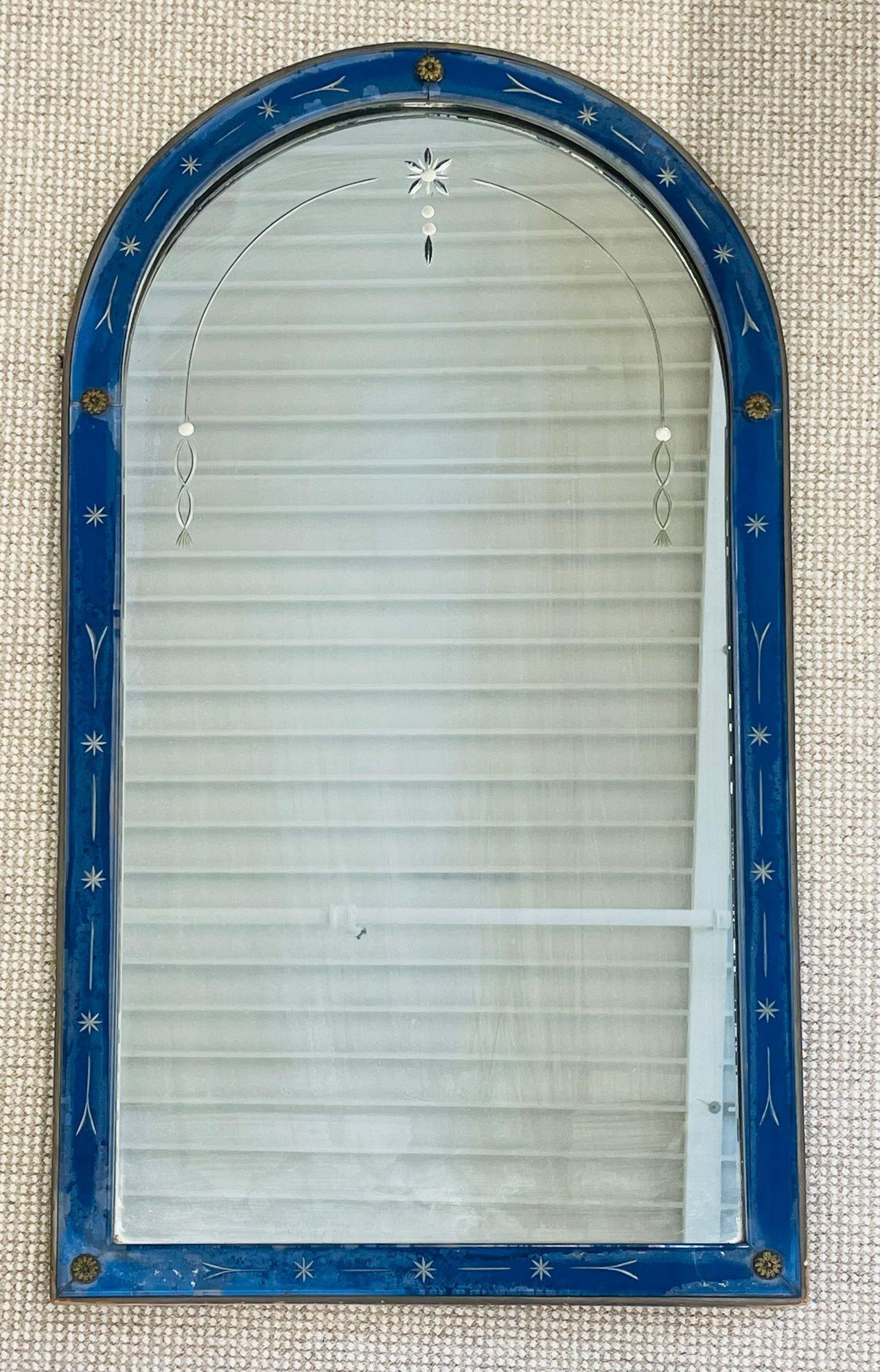 Mid-Century Modern Art Deco Cobalt Wall / Console / Vanity Etched Glass Mirror, 1940s, Cobalt Blue