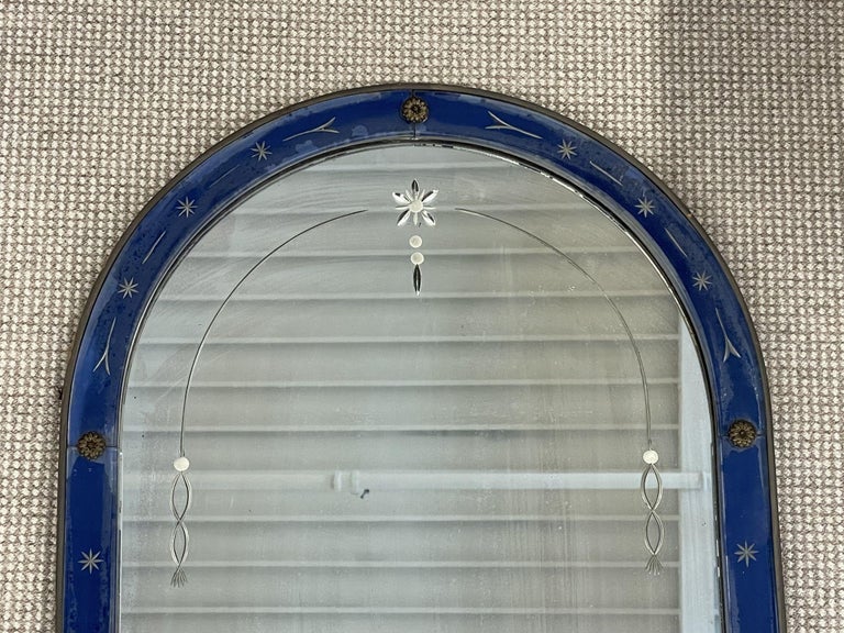 Art Deco Cobalt Wall / Console / Vanity Etched Glass Mirror, 1940s