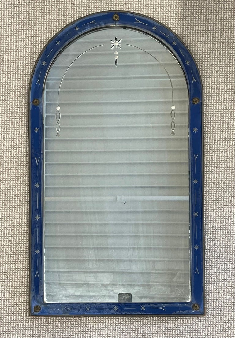 Art Deco Cobalt Wall / Console / Vanity Etched Glass Mirror, 1940s