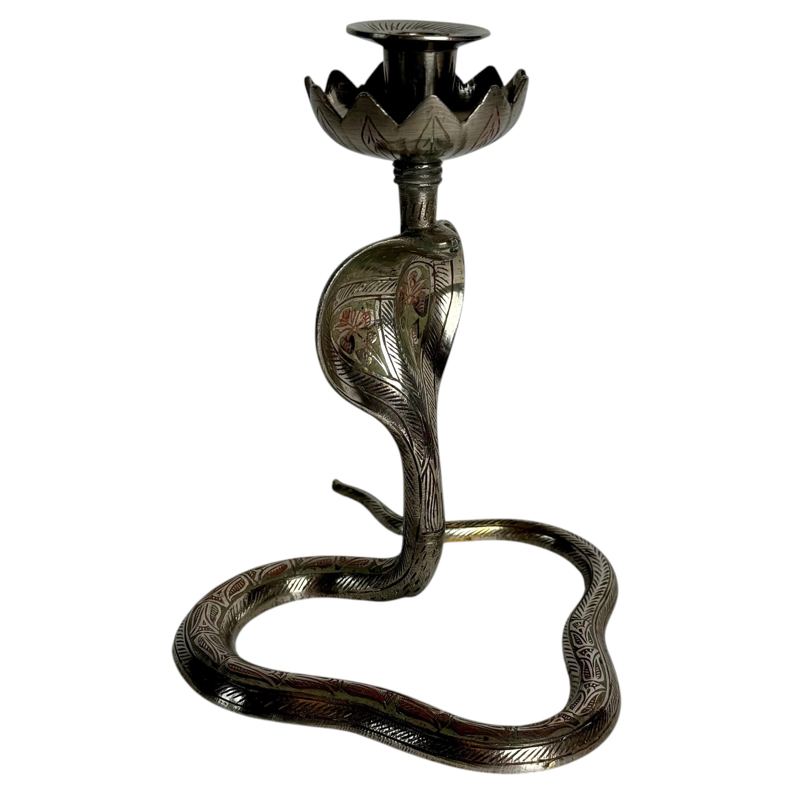 Art Deco Cobra Candlestick in Silvered Bronze, 1920s–1940s