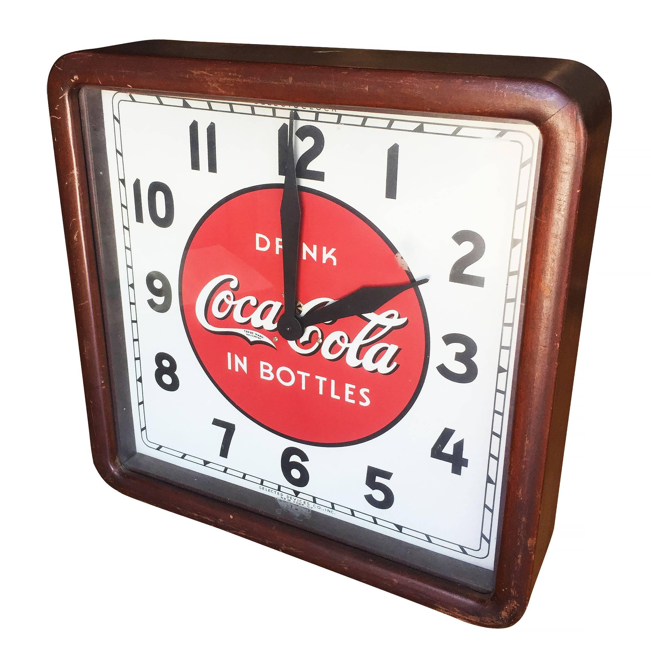 American Art Deco Coca-Cola Wood Frame Wall Clock by Selected Devices