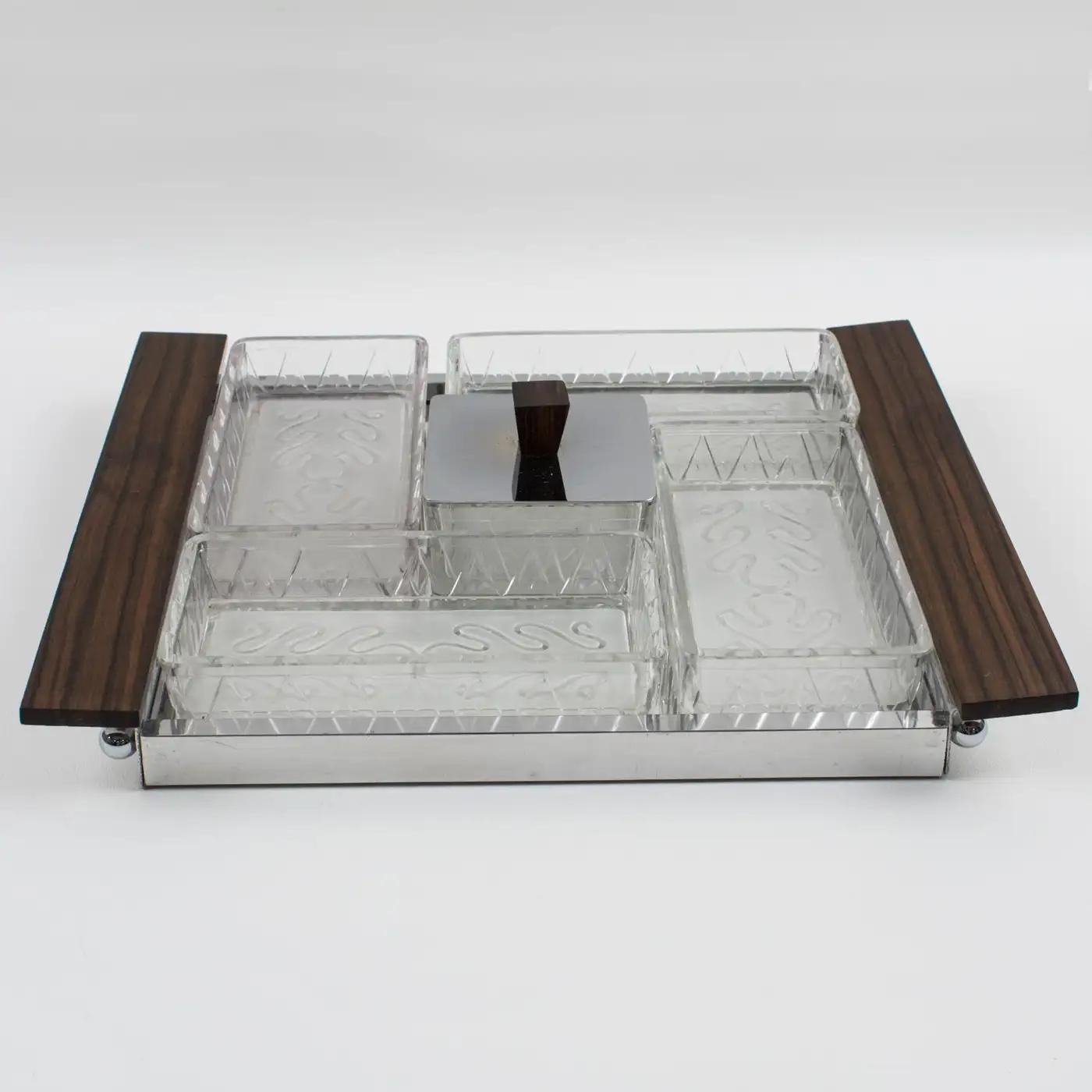 Art Deco Cocktail Barware Chrome and Macassar Wood Tray with Glass Dishes In Good Condition For Sale In Atlanta, GA