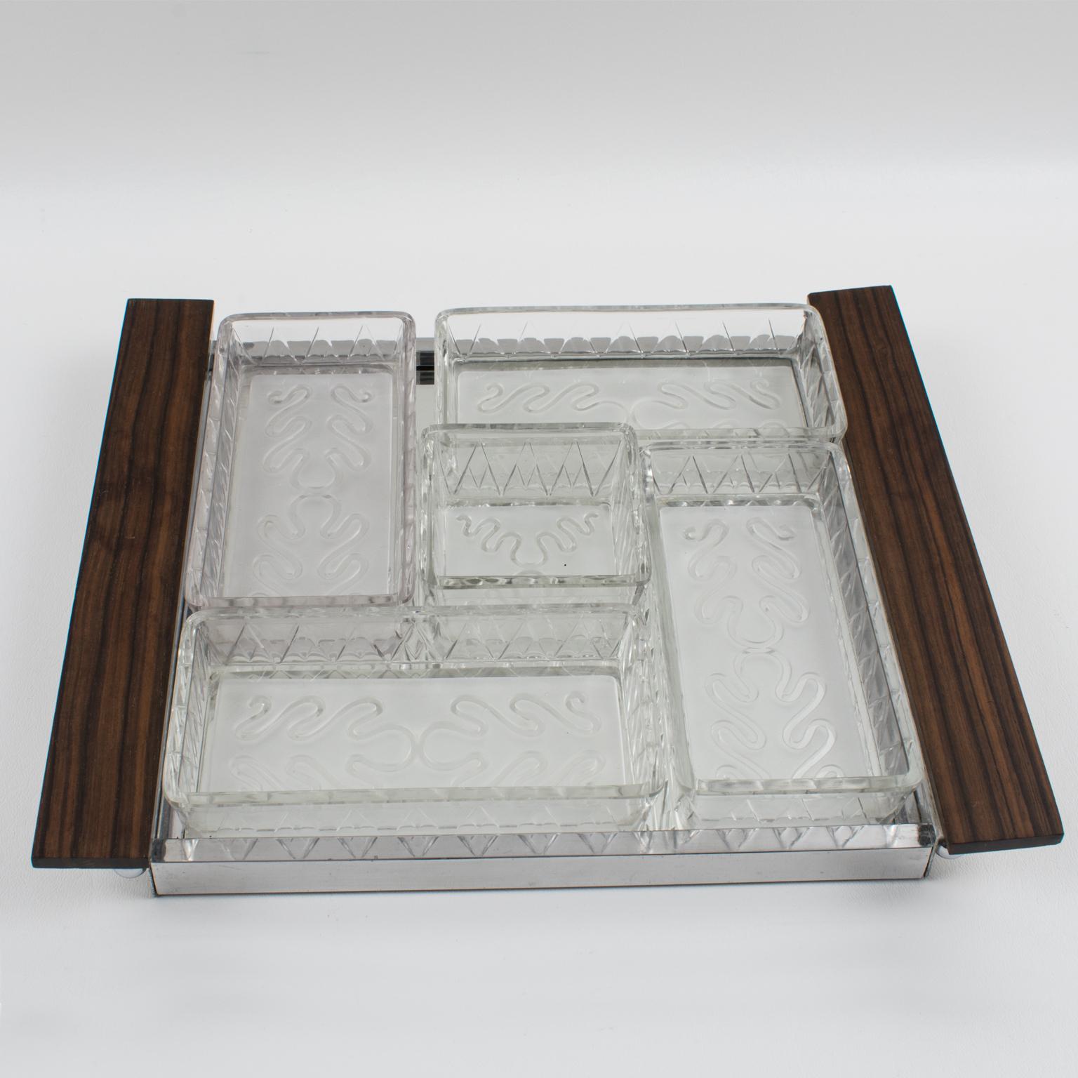 Mid-20th Century Art Deco Cocktail Barware Chrome and Macassar Wood Tray with Glass Dishes