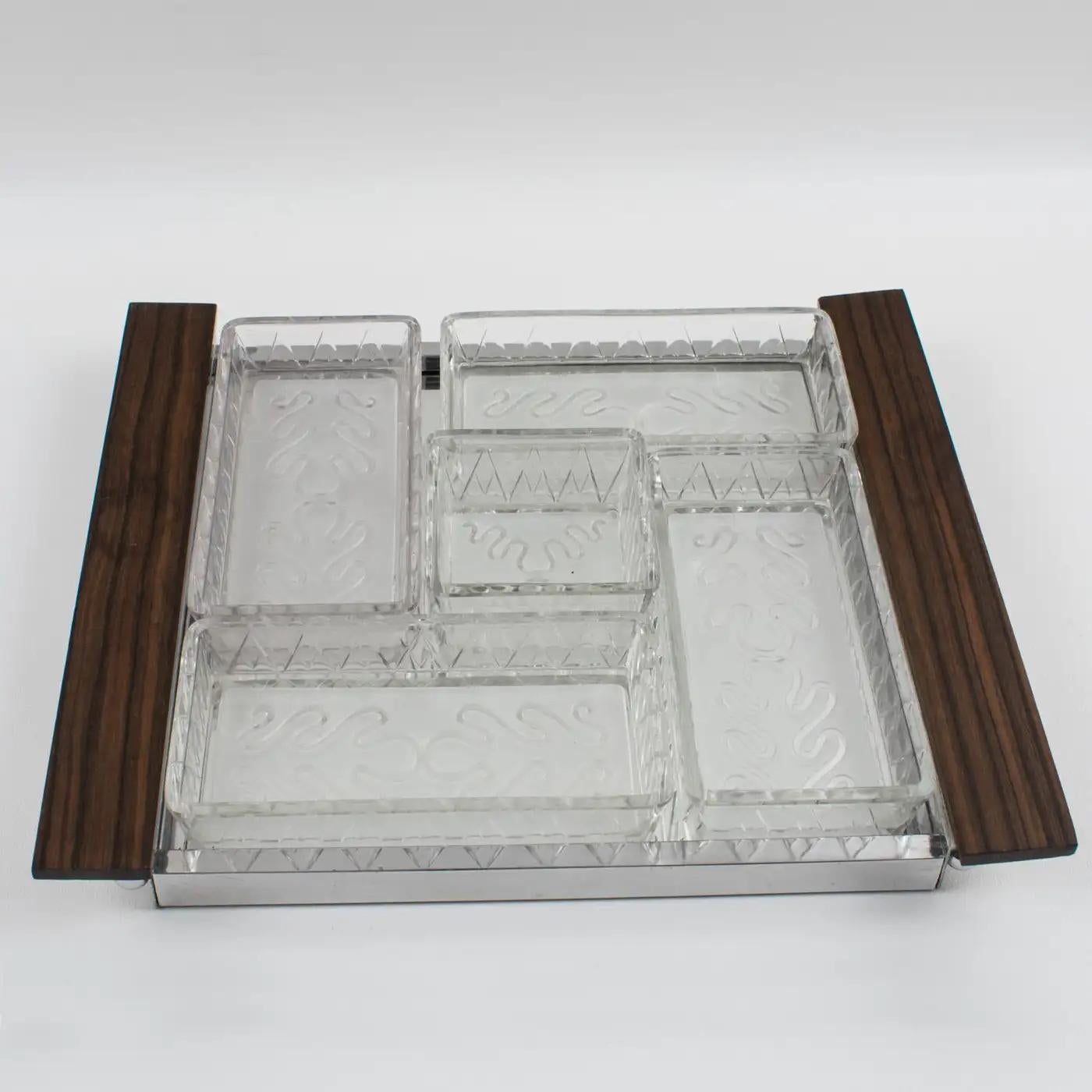 Mid-20th Century Art Deco Cocktail Barware Chrome and Macassar Wood Tray with Glass Dishes For Sale