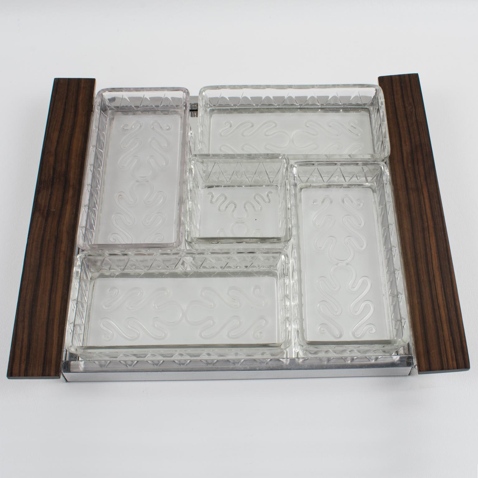 Art Deco Cocktail Barware Chrome and Macassar Wood Tray with Glass Dishes 1