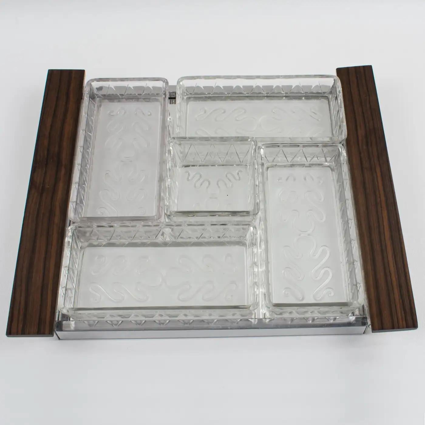 Metal Art Deco Cocktail Barware Chrome and Macassar Wood Tray with Glass Dishes For Sale