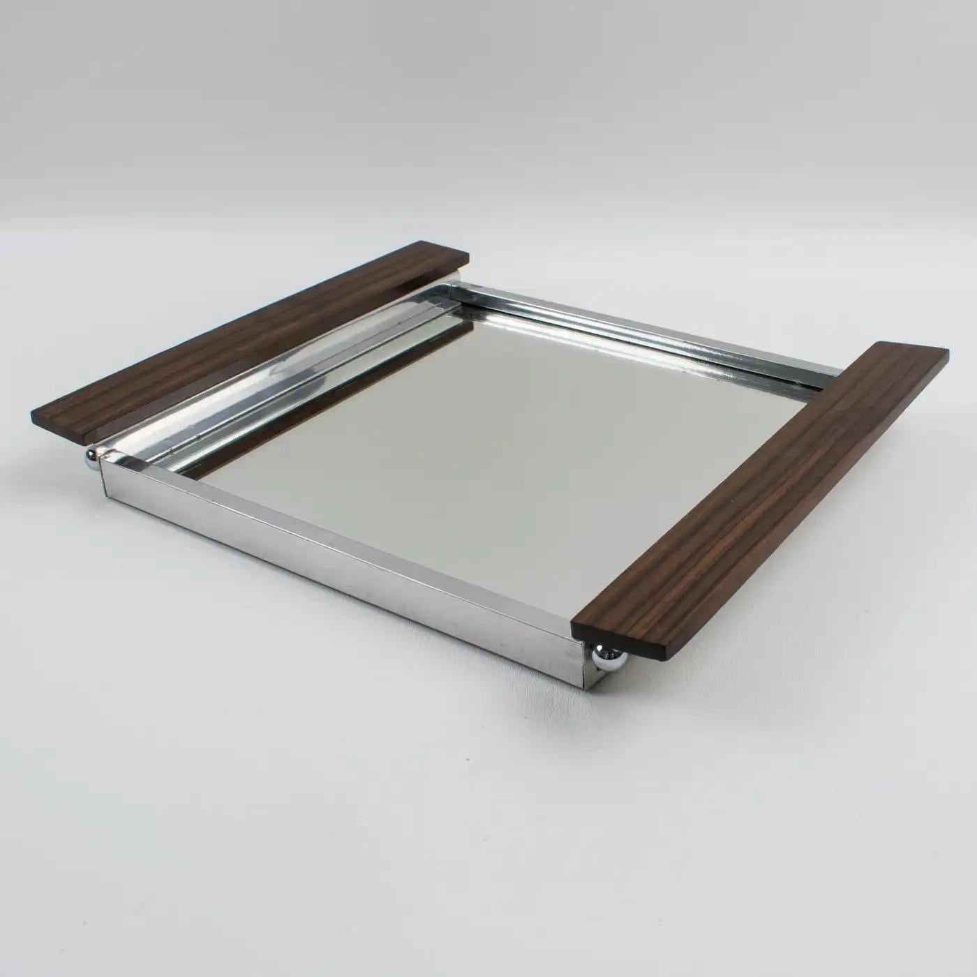 Art-Déco-Cocktailbargeschirr-Tablett aus Chrom und Makassar-Holz mit Glasschalen (Metall) im Angebot