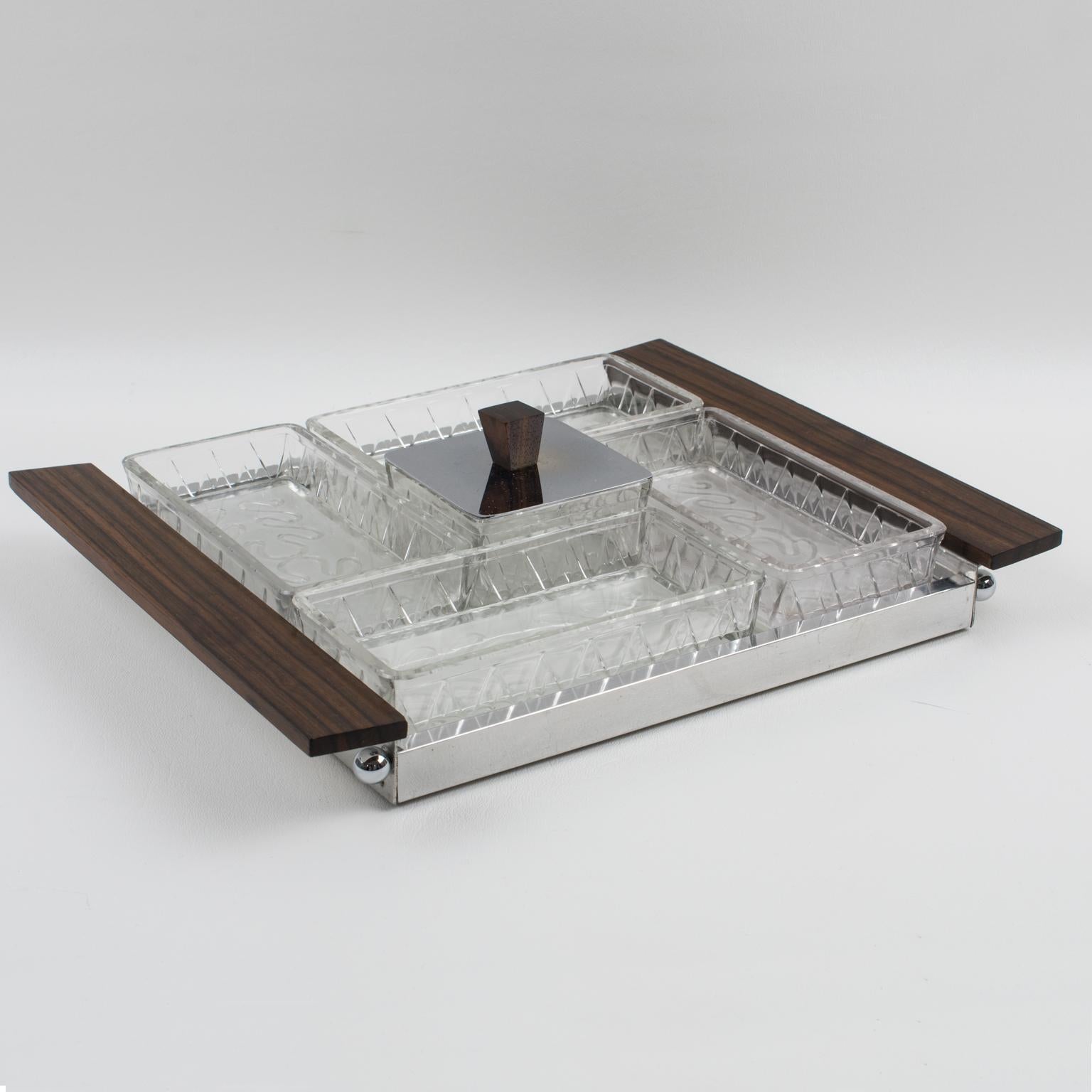 Bandeja y platos de bar de cóctel en metal, madera de macasar y cristal, hacia 1930 Francés en venta