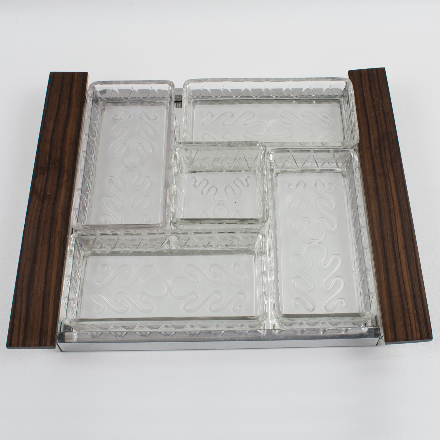 Bandeja y platos de bar de cóctel en metal, madera de macasar y cristal, hacia 1930 Metal en venta