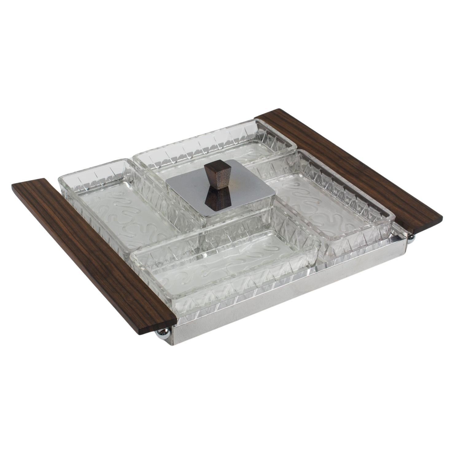 Bandeja y platos de bar de cóctel en metal, madera de macasar y cristal, hacia 1930 en venta
