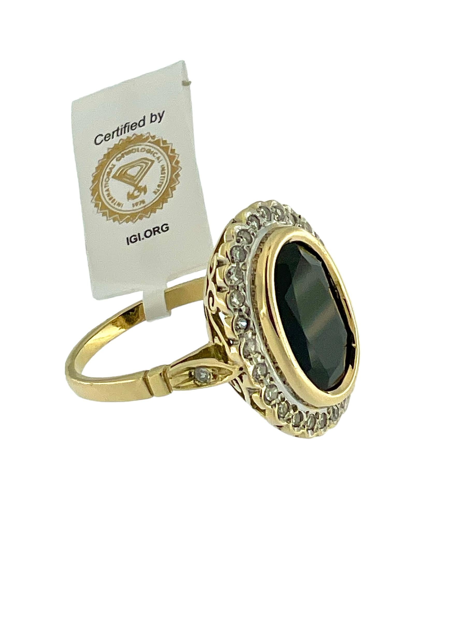 Mixed Cut Art Deco Cocktail Gold Ring with 6.30ct Sapphire and Diamonds IGI Certified For Sale