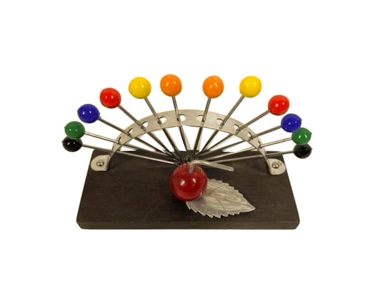 French Art Deco Cocktail Pick Set, 2 Each of 6 Colors, Bakelite and Chrome Apple Stand For Sale