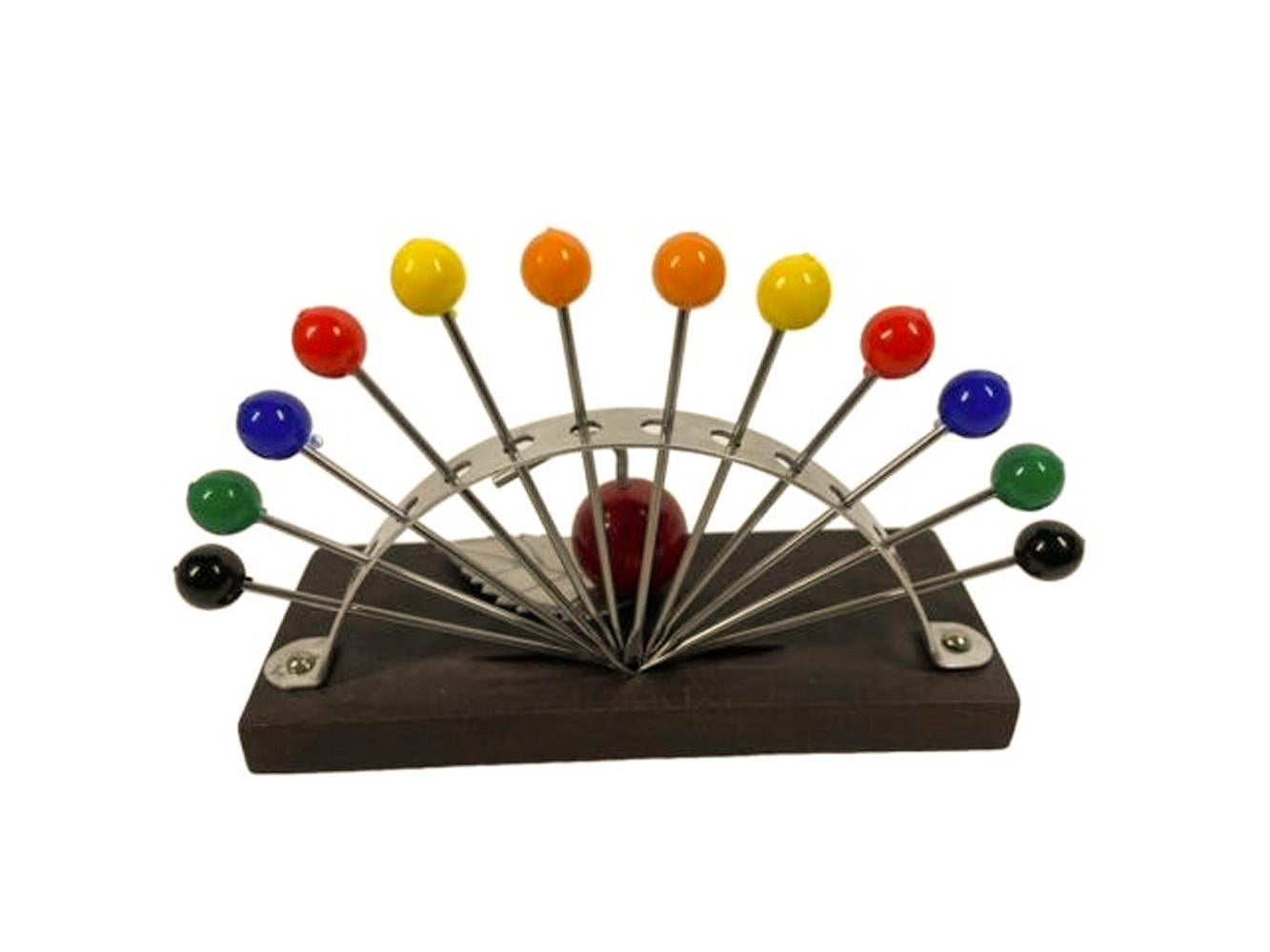 20th Century Art Deco Cocktail Pick Set, 2 Each of 6 Colors, Bakelite and Chrome Apple Stand For Sale