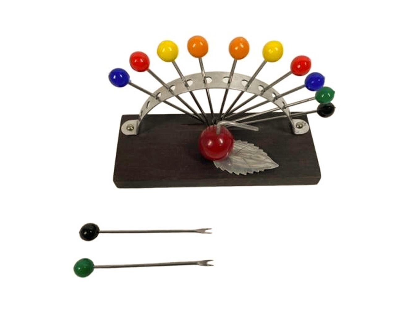 Art Deco Cocktail Pick Set, 2 Each of 6 Colors, Bakelite and Chrome Apple Stand For Sale 1