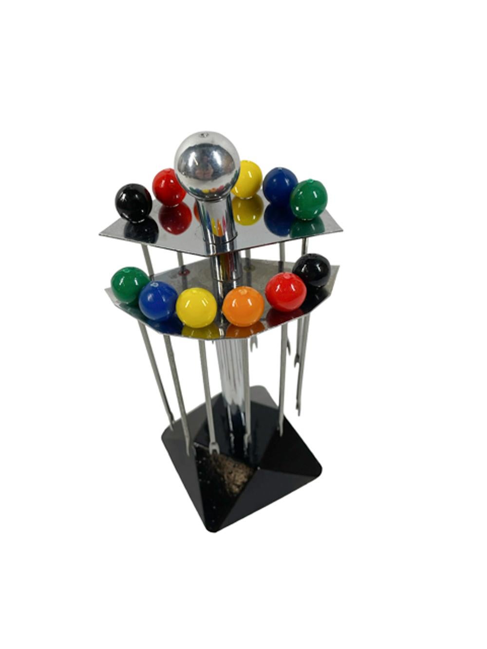 French Art Deco Cocktail Pick Set on Two Tier Stand, Two Each of Six Color Ball Tops For Sale