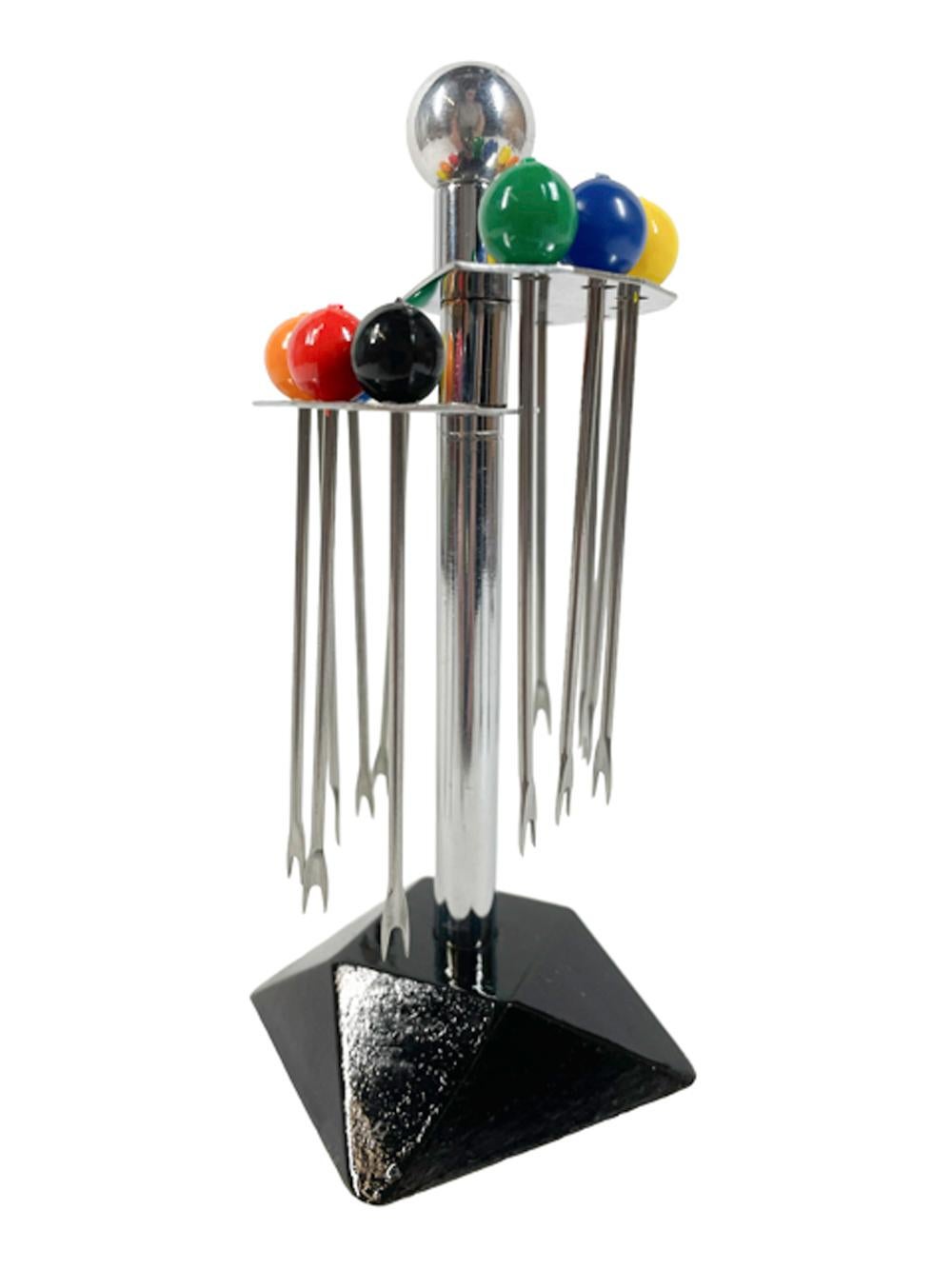 Art Deco Cocktail Pick Set on Two Tier Stand, Two Each of Six Color Ball Tops In Good Condition For Sale In Chapel Hill, NC
