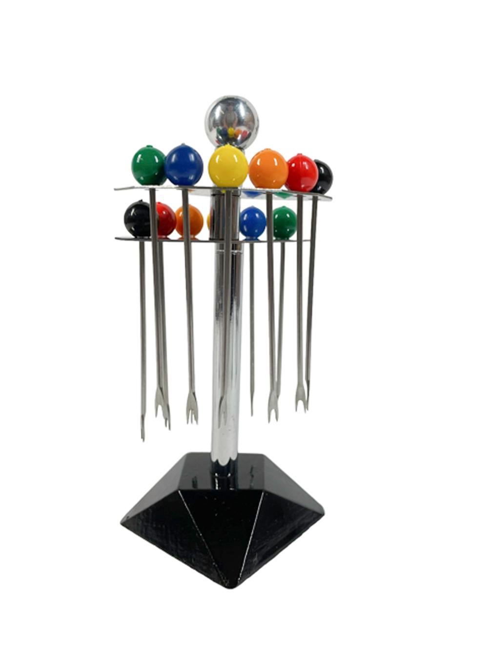 20th Century Art Deco Cocktail Pick Set on Two Tier Stand, Two Each of Six Color Ball Tops For Sale