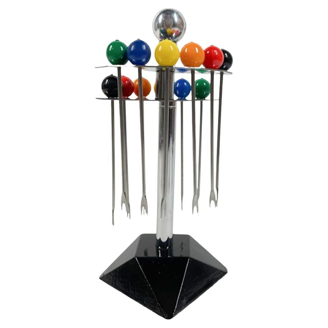 Art Deco Cocktail Pick Set on Two Tier Stand, Two Each of Six Color Ball Tops For Sale