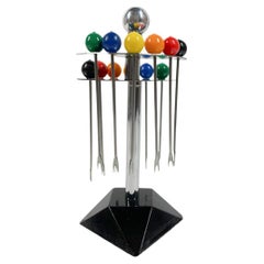 Antique Art Deco Cocktail Pick Set on Two Tier Stand, Two Each of Six Color Ball Tops
