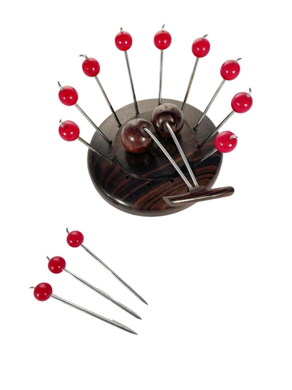 French Art Deco Cocktail Pick Set W/Carved Wood Cherry Holder & 12 Cherry Topped Picks For Sale