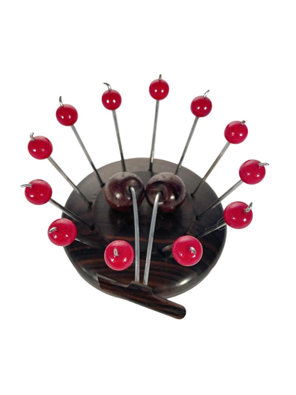 Art Deco Cocktail Pick Set W/Carved Wood Cherry Holder & 12 Cherry Topped Picks In Good Condition For Sale In Nantucket, MA
