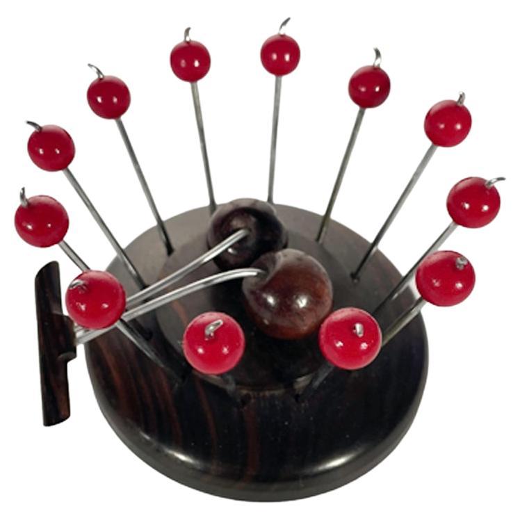 Art Deco Cocktail Pick Set W/Carved Wood Cherry Holder & 12 Cherry Topped Picks For Sale