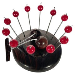 Art Deco Cocktail Pick Set W/Carved Wood Cherry Holder & 12 Cherry Topped Picks
