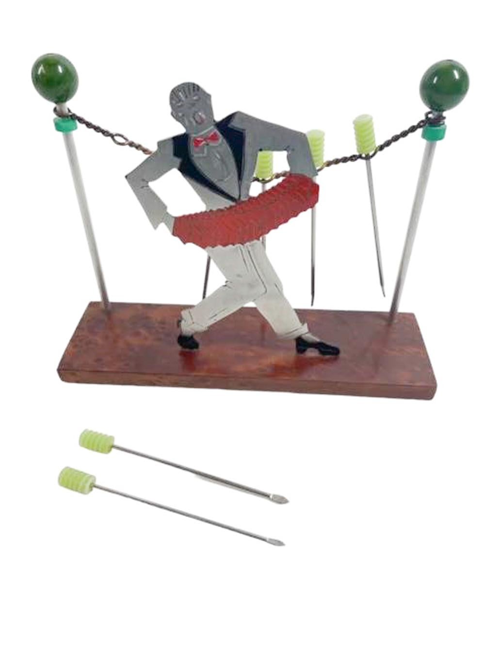 French Art Deco Cocktail Pick Set with a Singer Playing a Concertina by Sudre For Sale