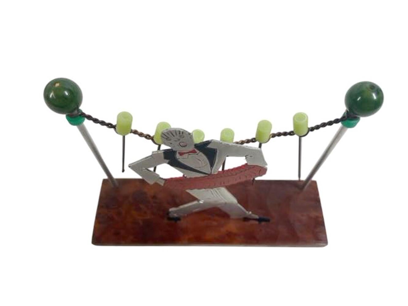 20th Century Art Deco Cocktail Pick Set with a Singer Playing a Concertina by Sudre For Sale